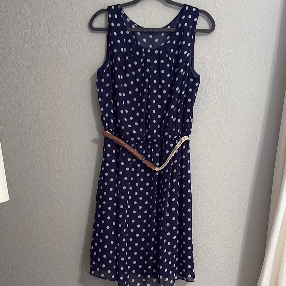 Alyx Navy Polka Dot belted Chiffon Sleeveless Dress